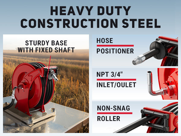 BreAro red diesel hose reel with heavy-duty steel frame, spring tension adjustment, hose positioner, non-snag roller, and fixed base. Built for tough industrial environments.
