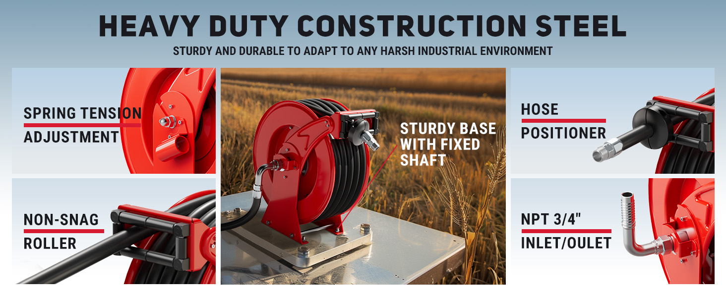 BreAro red diesel hose reel with heavy-duty steel frame, spring tension adjustment, hose positioner, non-snag roller, and fixed base. Built for tough industrial environments.