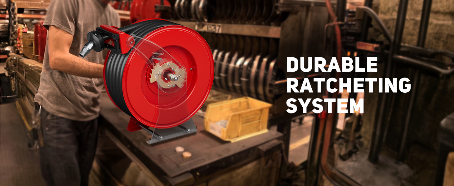 BreAro red diesel fuel hose reel mounted on a tank with adjustable dual-arm bracket, providing flexible positioning and strong support for industrial fueling applications.