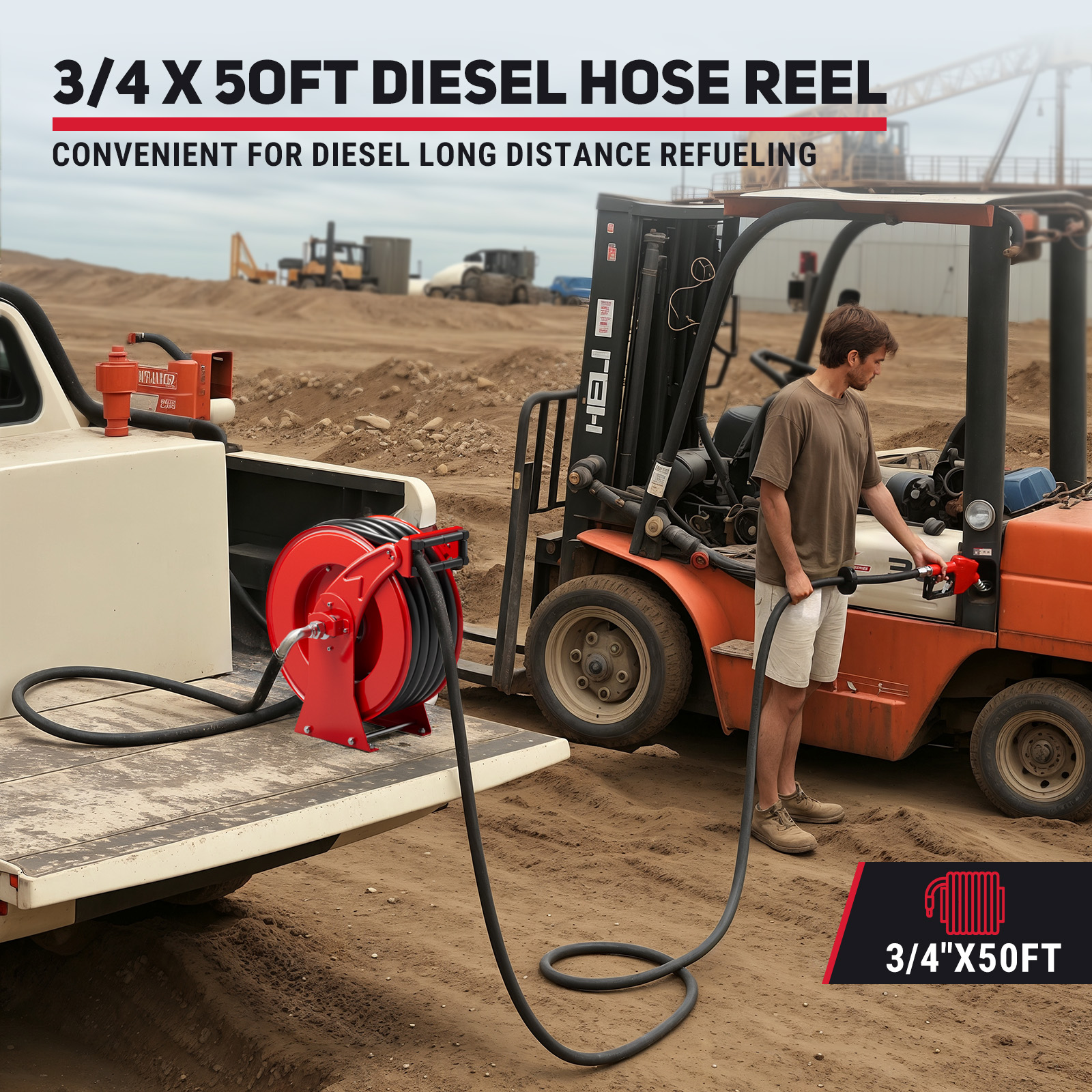 BreAro red 3/4" x 50ft retractable diesel fuel hose reel used to refuel a forklift from a truck at a construction site, showcasing long-range diesel transfer for industrial and mobile fueling operations.