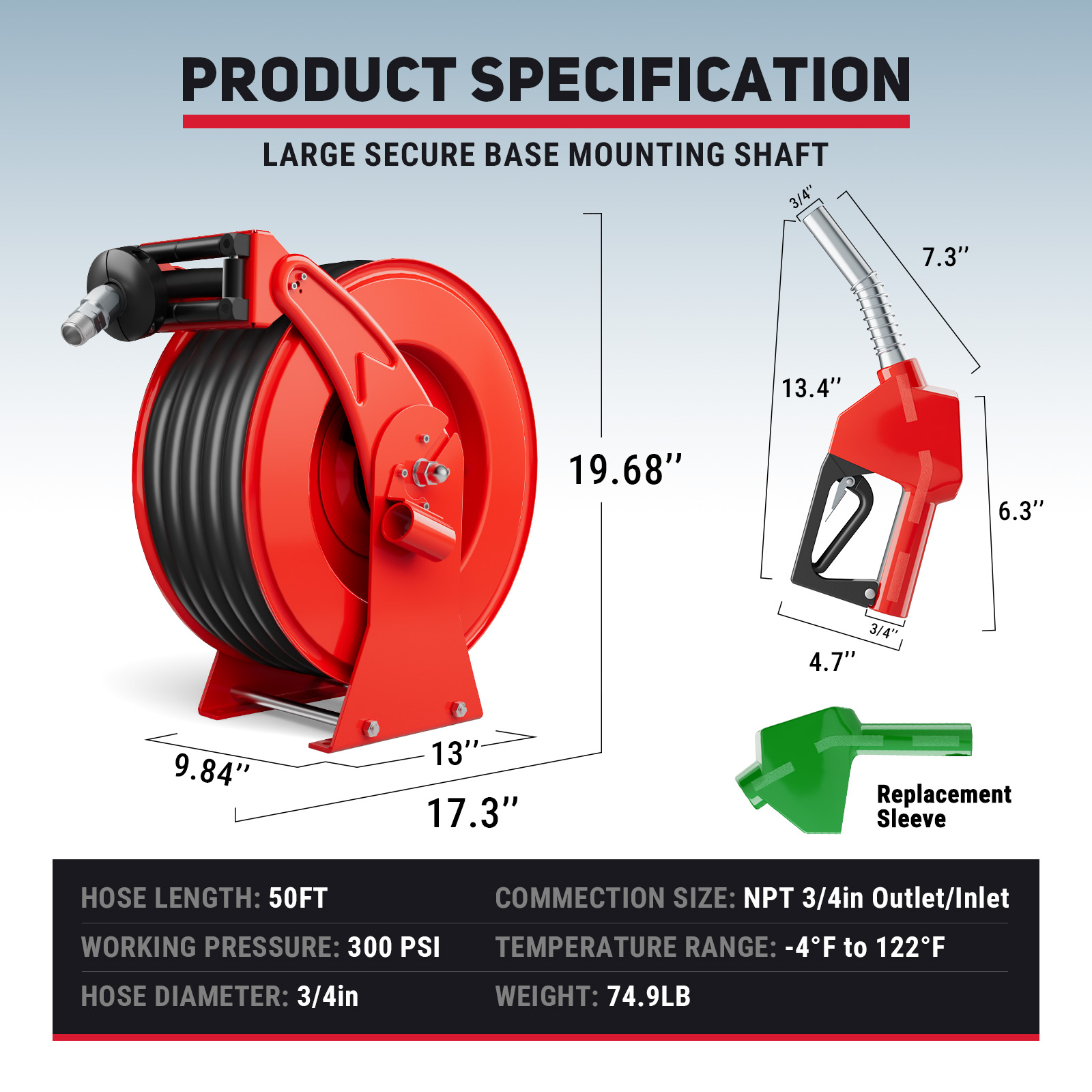 BreAro red 3/4" x 50ft diesel fuel hose reel with auto nozzle shown with detailed size specs, 300 PSI working pressure, NPT 3/4" inlet/outlet, and green replacement sleeve for diesel fueling systems.
