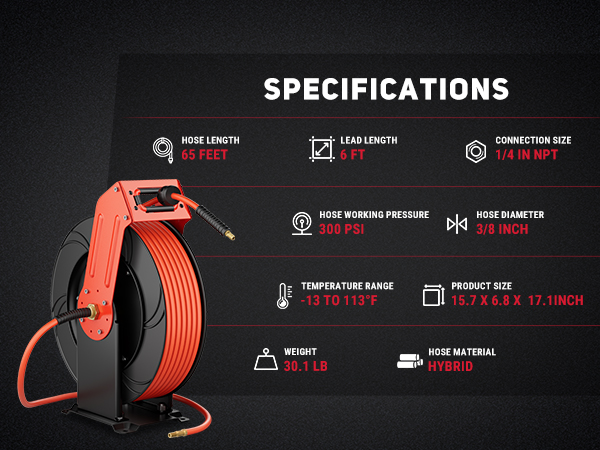 Specifications for BreAro retractable air reel: 65 ft hose length, 6 ft lead, 3/8" diameter, 300 PSI pressure, hybrid material, -13°F to 113°F range, 30.1 lbs weight, and 1/4" NPT connection size.