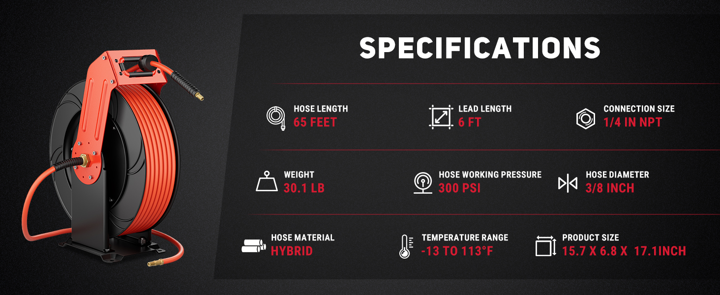 Specifications for BreAro retractable air reel: 65 ft hose length, 6 ft lead, 3/8" diameter, 300 PSI pressure, hybrid material, -13°F to 113°F range, 30.1 lbs weight, and 1/4" NPT connection size.