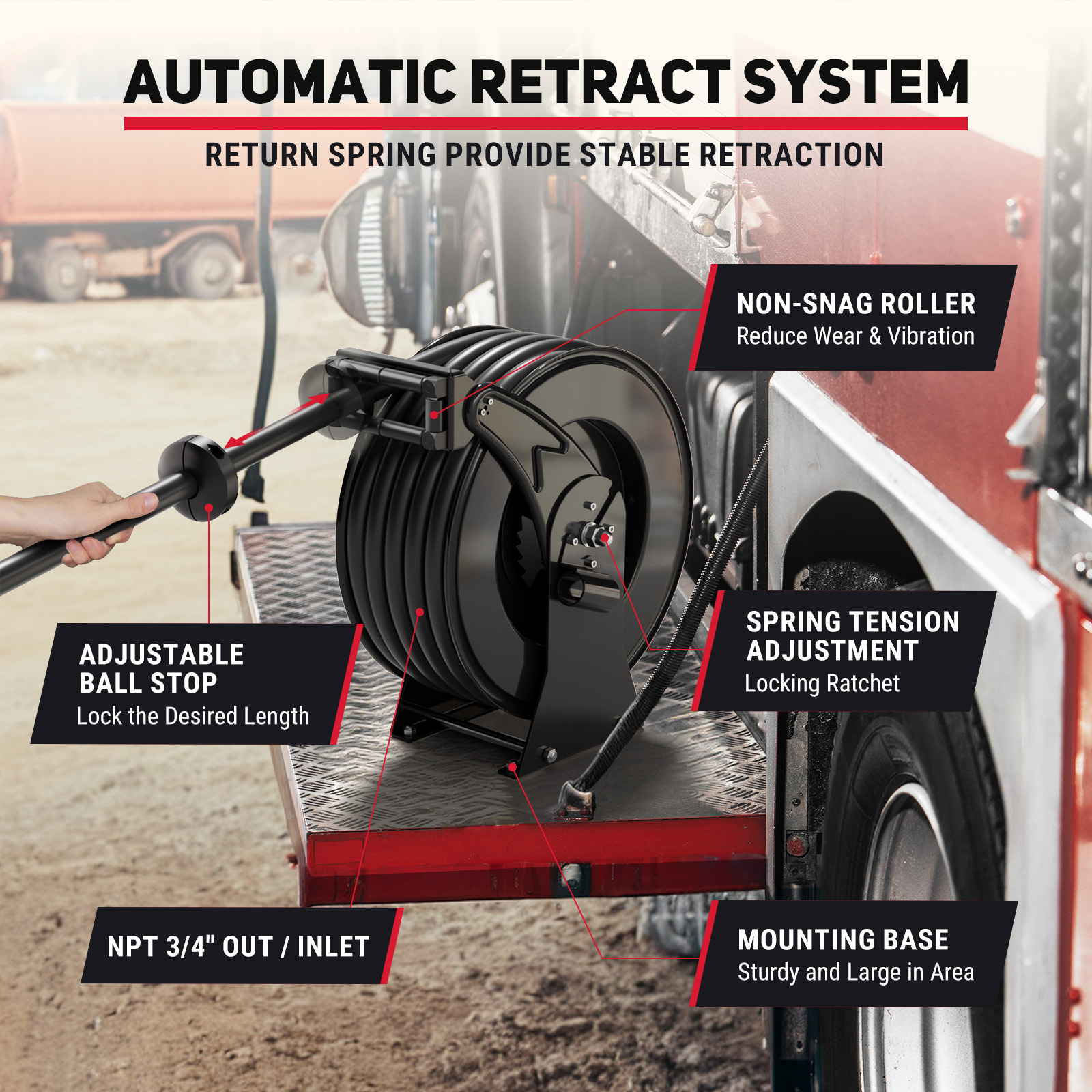 BreAro retractable fuel hose reel mounted on a truck bed, with labeled features including adjustable ball stop, non-snag roller, spring tension adjustment, large mounting base, and 3/4" NPT inlet/outlet for industrial diesel fueling systems.