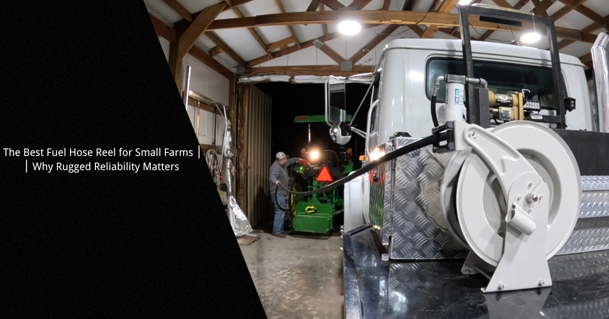 Brearo fuel hose reel installation on farm truck slip tank with farmer using 
the spring-driven automatic retractable hose for small farm refueling.