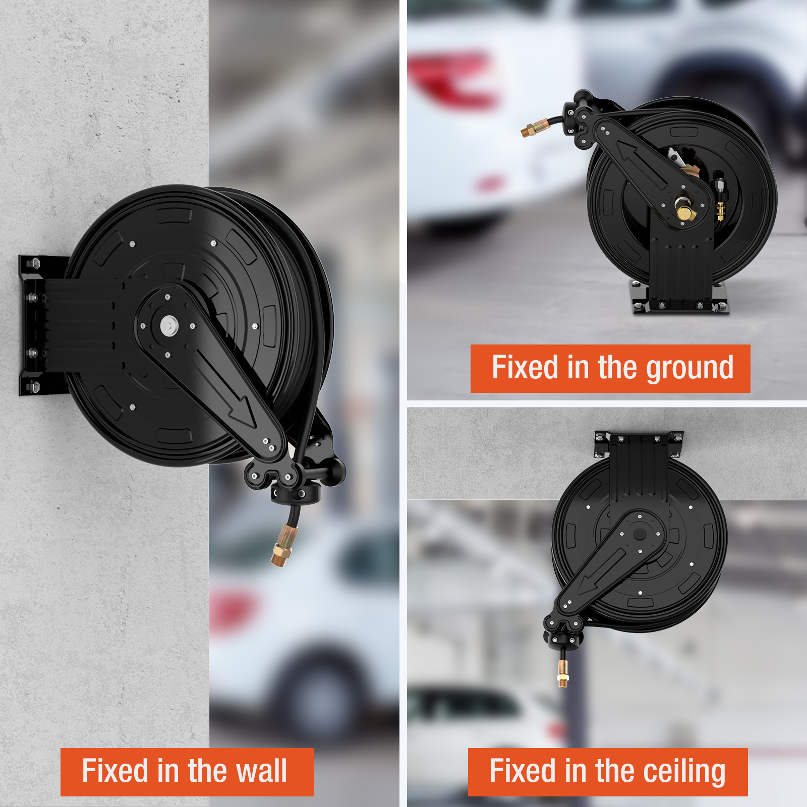 BreAro retractable hose reel with versatile mounting options: wall-mounted, ground-mounted, or ceiling-mounted. Heavy-duty design ensures stability and convenience for various installation scenarios.