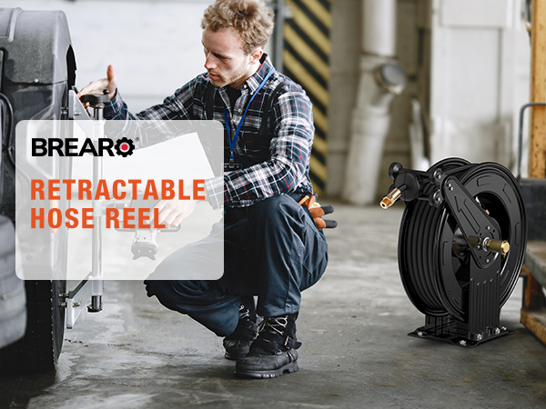 BreAro retractable hose reel for professional use, shown in a workshop environment. Features heavy-duty construction and 50 ft capacity, ideal for industrial, automotive, and maintenance tasks.