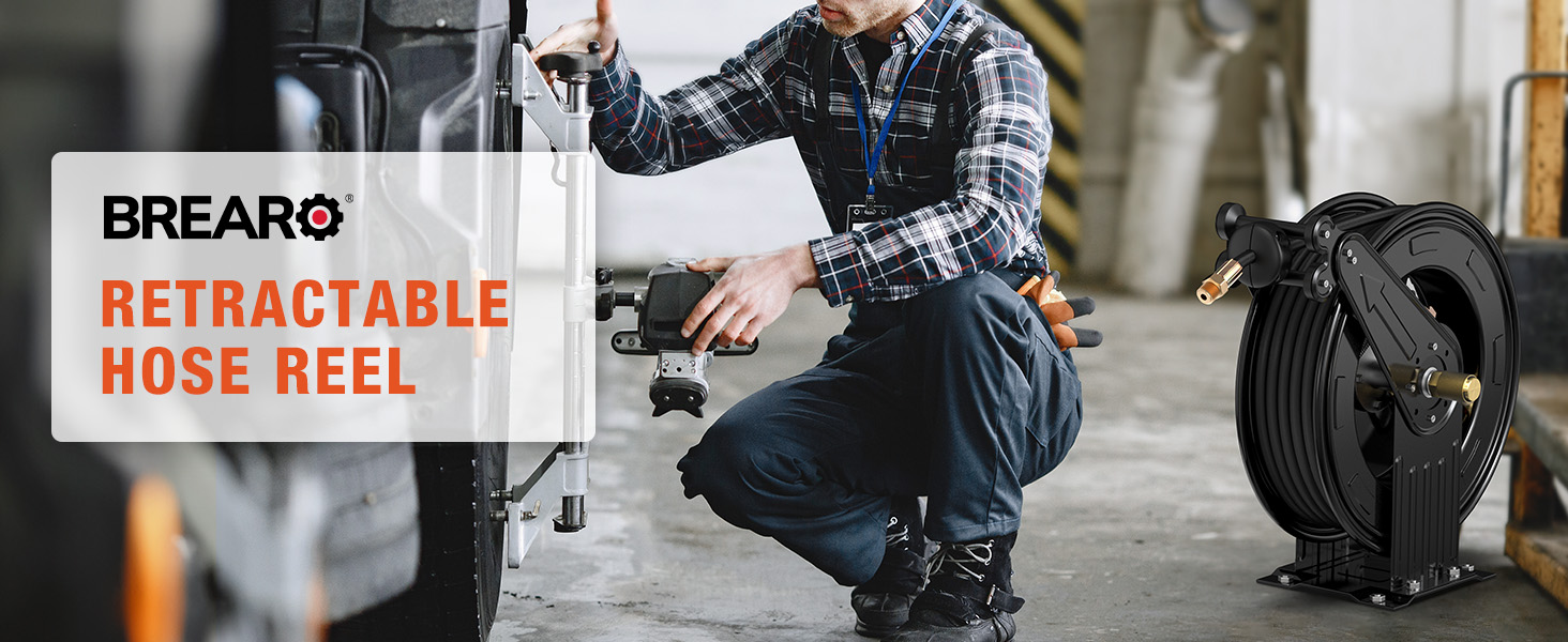 BreAro retractable hose reel for professional use, shown in a workshop environment. Features heavy-duty construction and 50 ft capacity, ideal for industrial, automotive, and maintenance tasks.