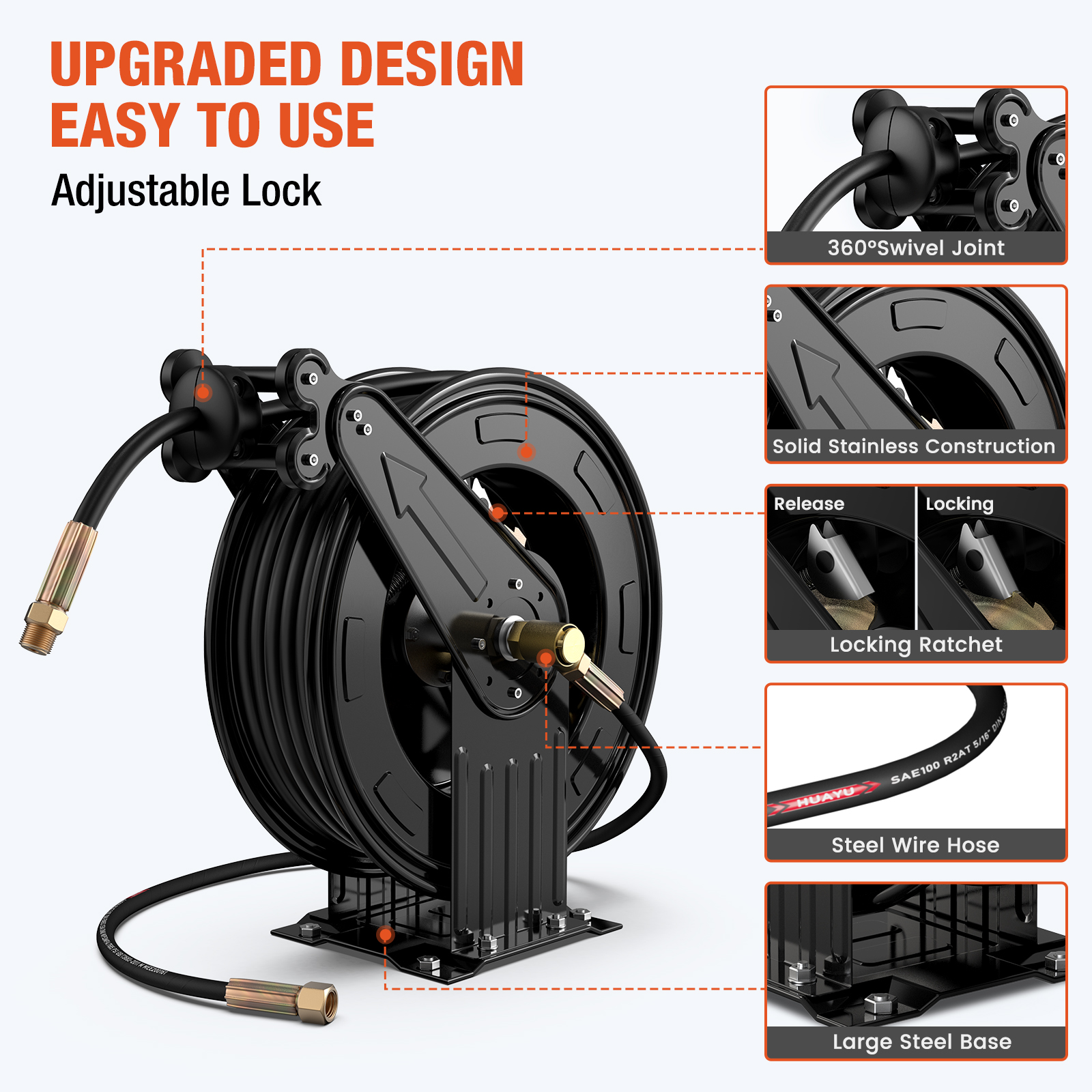 Upgraded BreAro retractable hose reel with adjustable lock, 360° swivel joint, solid stainless steel construction, locking ratchet, steel wire hose, and large steel base for durability and convenience.
