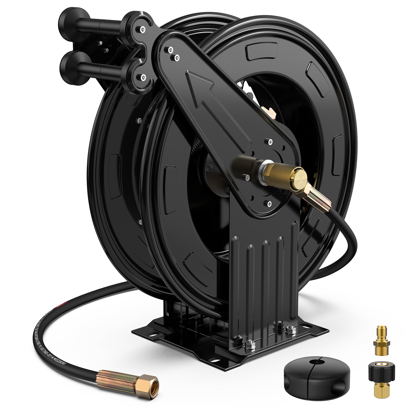 Retractable heavy-duty pressure washer hose reel with dual arm design, 3/8" x 50 ft capacity, 4000 PSI rating, brass fittings, and a stable mounting base. Ideal for air, oil, and water applications.
