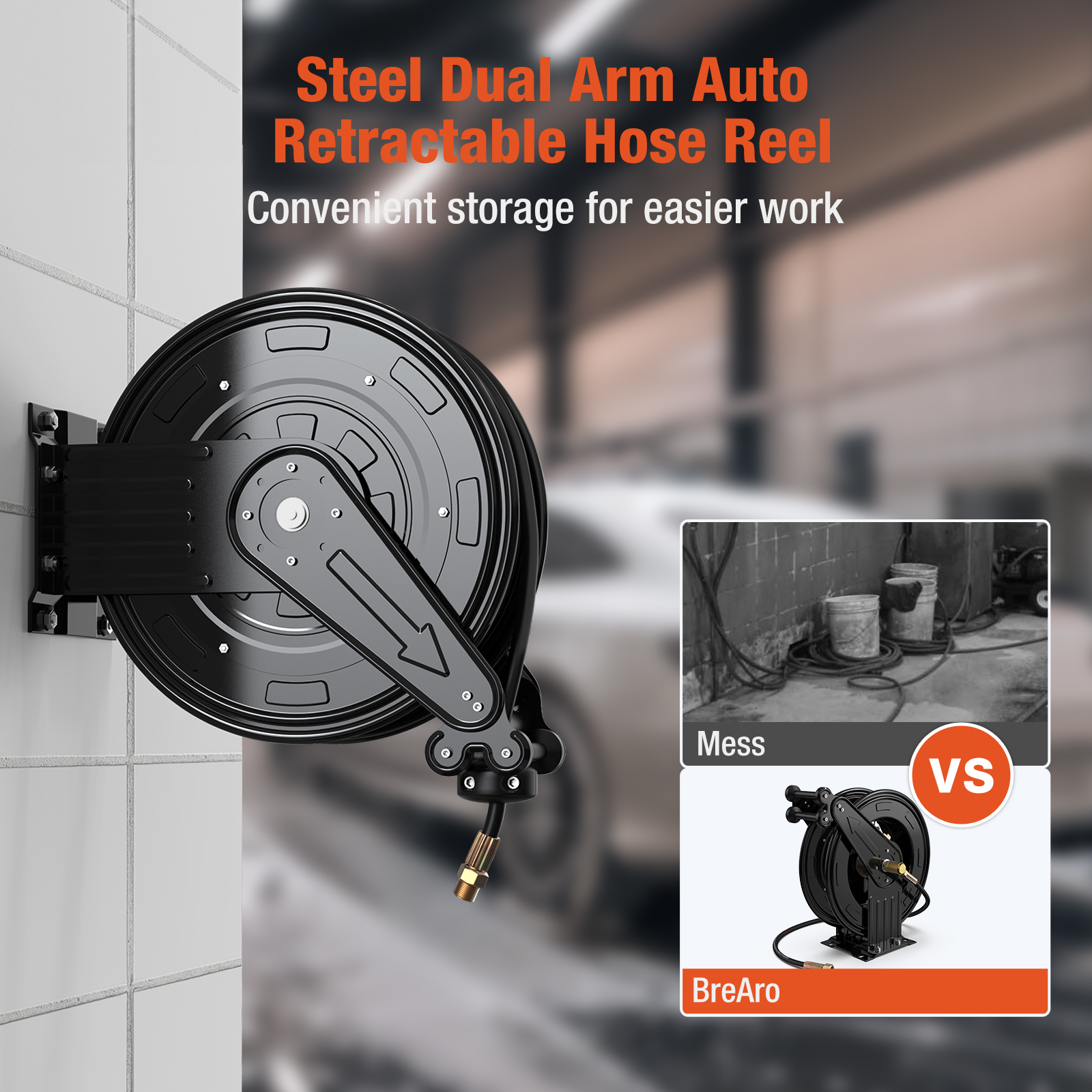 BreAro steel dual-arm retractable hose reel mounted on a wall, highlighting convenient storage for organized workspaces. Includes comparison of messy setups vs. BreAro for clean and efficient solutions.