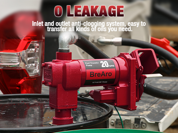 Brearo 12V DC fuel transfer pump with anti-clogging inlet and outlet system, designed to prevent leakage and easily transfer various types of oils.