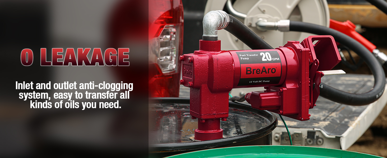Brearo 12V DC fuel transfer pump with anti-clogging inlet and outlet system, designed to prevent leakage and easily transfer various types of oils.