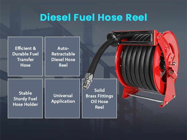 Diesel fuel hose reel with efficient and durable fuel transfer hose, auto-retractable mechanism, solid brass fittings, sturdy fuel holder, and universal application for industrial and commercial use.