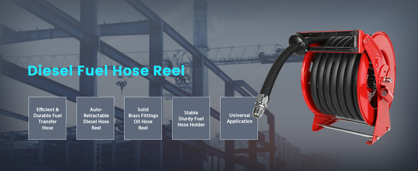 Diesel fuel hose reel with efficient and durable fuel transfer hose, auto-retractable mechanism, solid brass fittings, sturdy fuel holder, and universal application for industrial and commercial use.