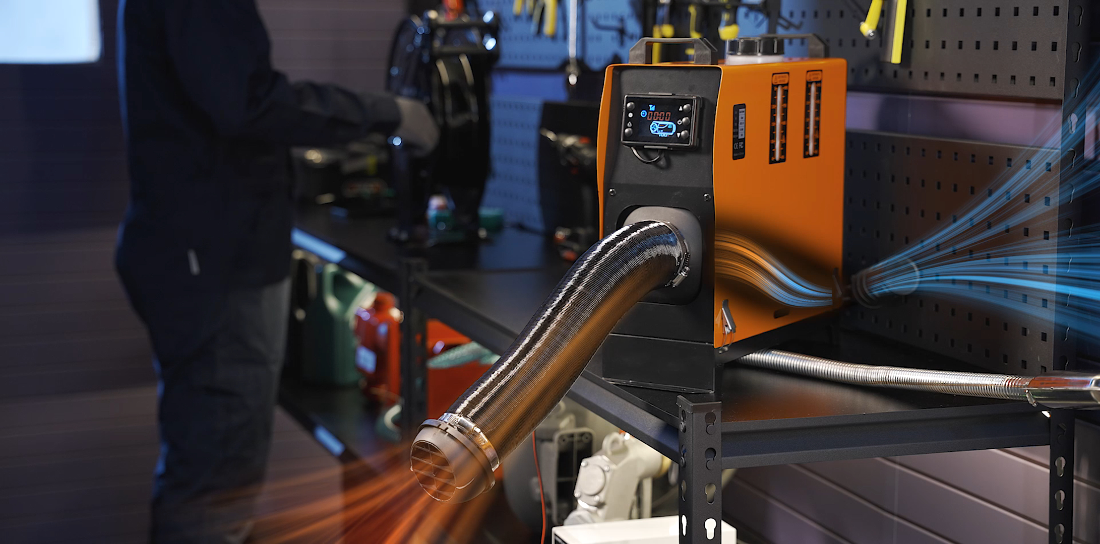 BreAro diesel heater operating in a garage workshop, providing clean and efficient heat