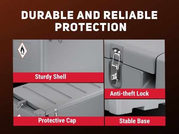 BreAro 50-Gallon Fuel Tank with sturdy shell, anti-theft lock, protective cap, and stable base, designed for durability and reliable protection during transport and storage.