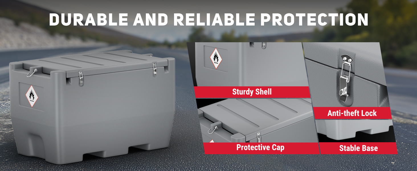 BreAro 50-Gallon Fuel Tank with sturdy shell, anti-theft lock, protective cap, and stable base, designed for durability and reliable protection during transport and storage.