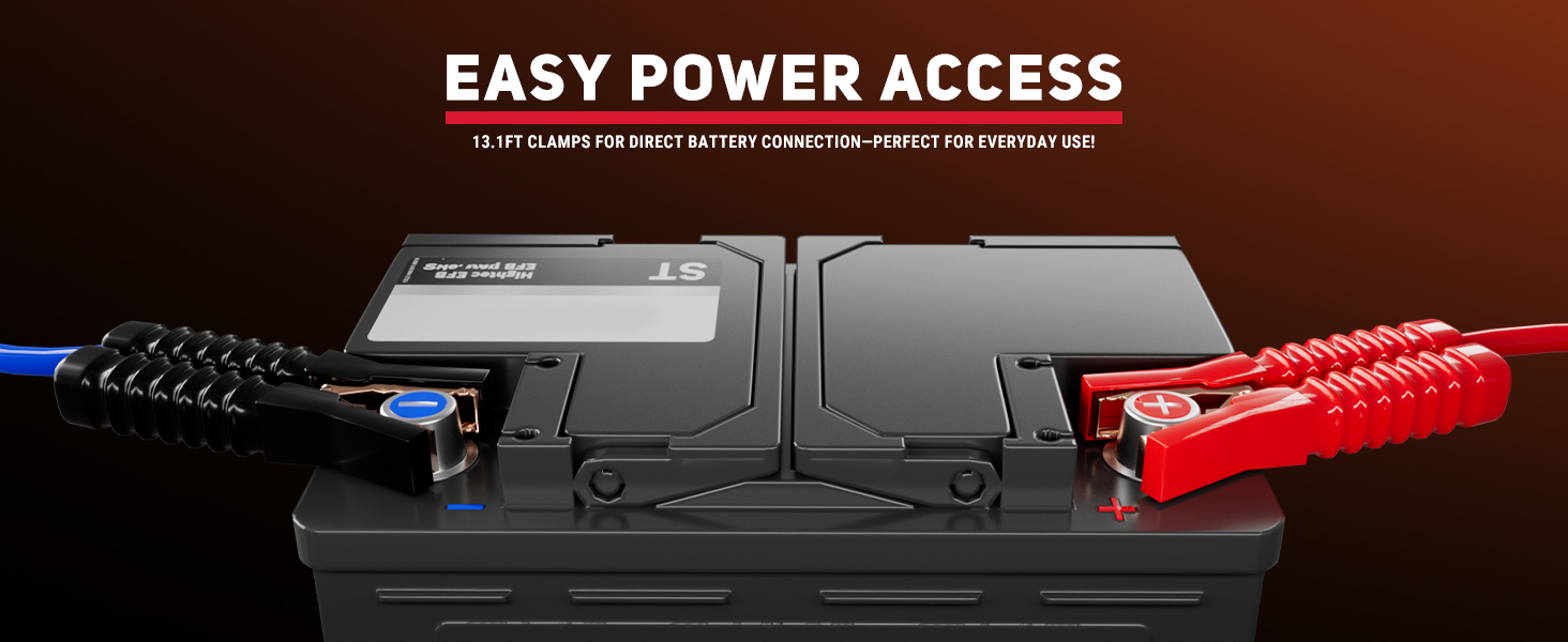Close-up of battery clamps for easy power access. Features 13.1 ft clamps for direct battery connection, ideal for everyday use with the BreAro 50-Gallon Portable Fuel Tank's 12V DC pump system.