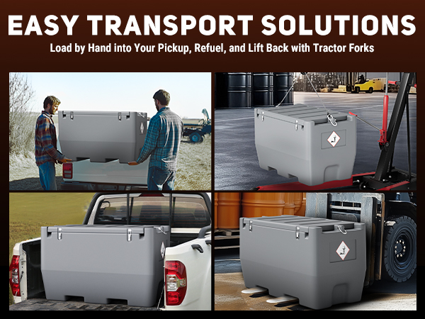 BreAro 50-Gallon Portable Fuel Tank showcasing easy transport solutions, including loading by hand, using crane lifts, placing in truck beds, and forklift compatibility for seamless fuel management.