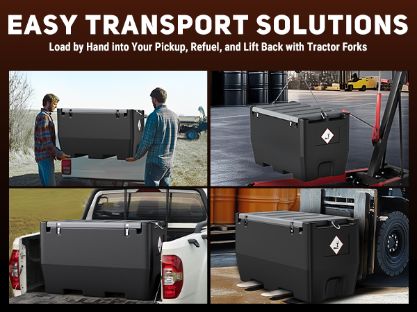 BreAro 50-gallon fuel tank offers easy transport solutions with forklift pockets, hand loading, and compatibility with pickups and tractor forks, ensuring seamless fuel transportation for diverse applications.
