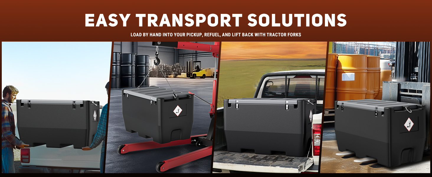 BreAro 50-gallon fuel tank offers easy transport solutions with forklift pockets, hand loading, and compatibility with pickups and tractor forks, ensuring seamless fuel transportation for diverse applications.
