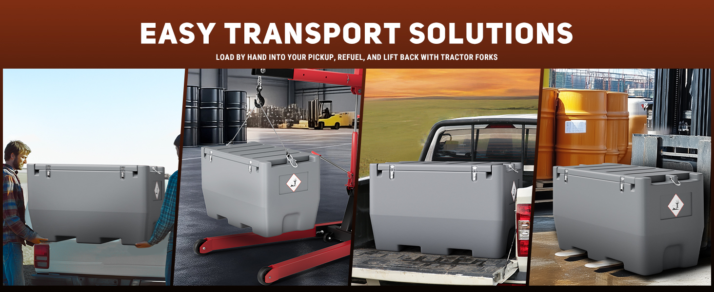 BreAro 50-Gallon Portable Fuel Tank showcasing easy transport solutions, including loading by hand, using crane lifts, placing in truck beds, and forklift compatibility for seamless fuel management.