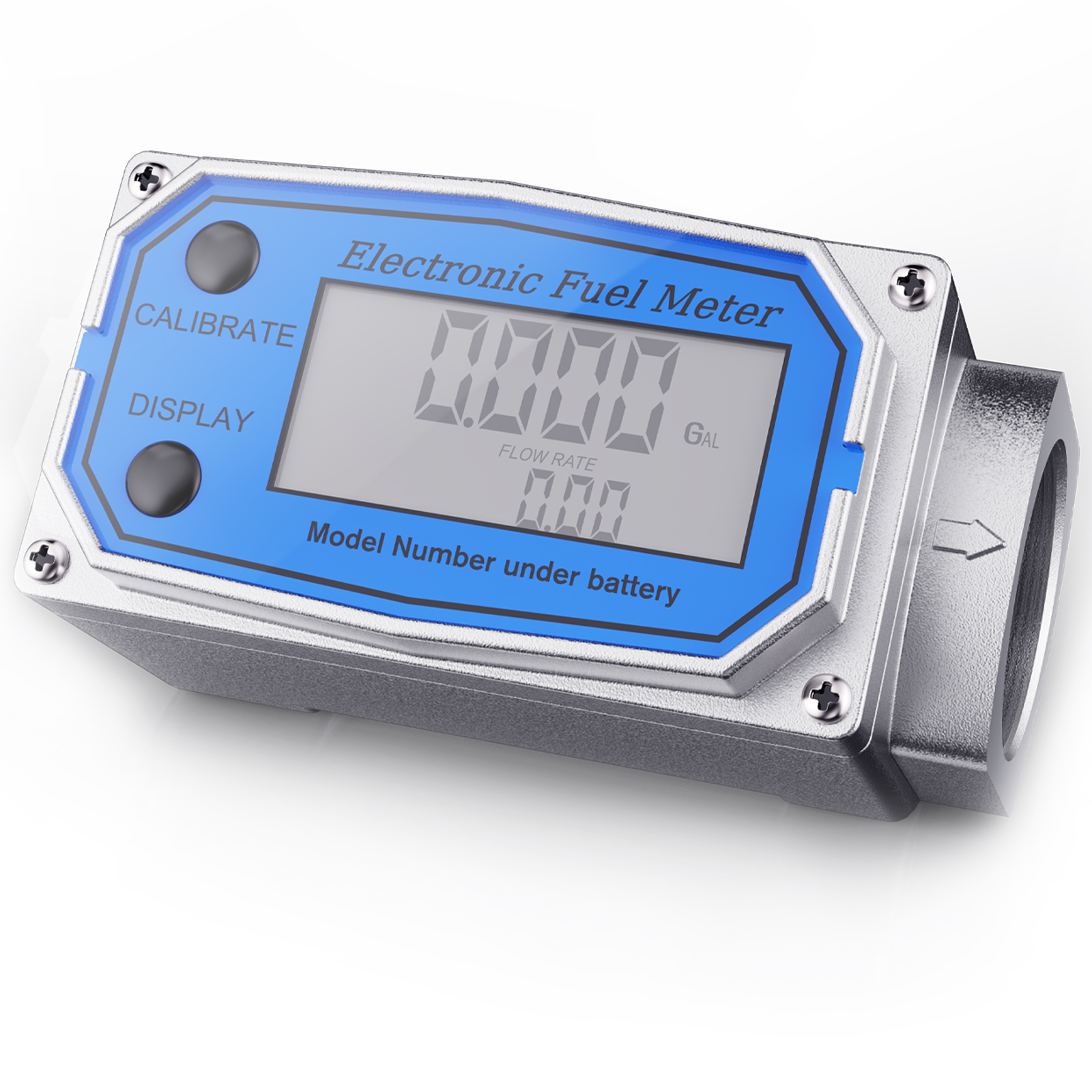 Electronic fuel meter digital inline turbine flow meter with LCD display, calibrate and display buttons, suitable for measuring diesel, gasoline, water, and other liquids in fuel transfer applications