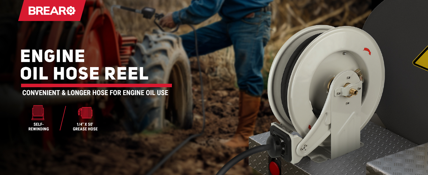 Engine oil hose reel with self-rewinding feature and 1/4" x 50' grease hose, designed for convenient and efficient engine oil use in agricultural and industrial settings.