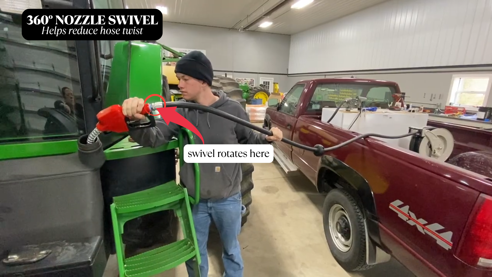 Fuel hose reel setup with a 360-degree nozzle swivel during diesel fueling