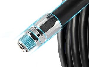 Close-up view of the fuel hose connector, featuring a high-quality threaded brass fitting for secure and leak-proof connections during fuel transfer operations.