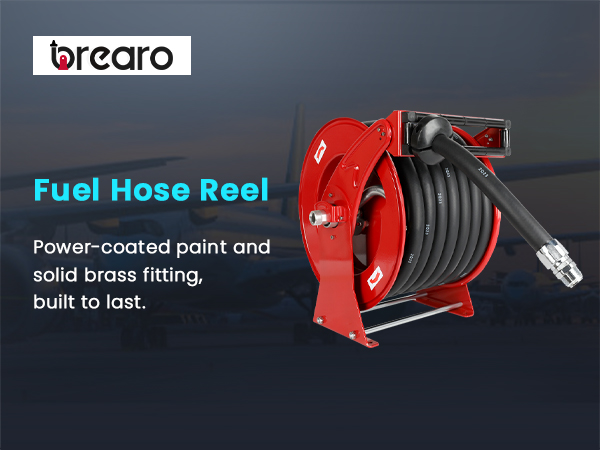 Red fuel hose reel with powder-coated paint and solid brass fittings, built for durability and efficiency, displayed against a professional industrial background