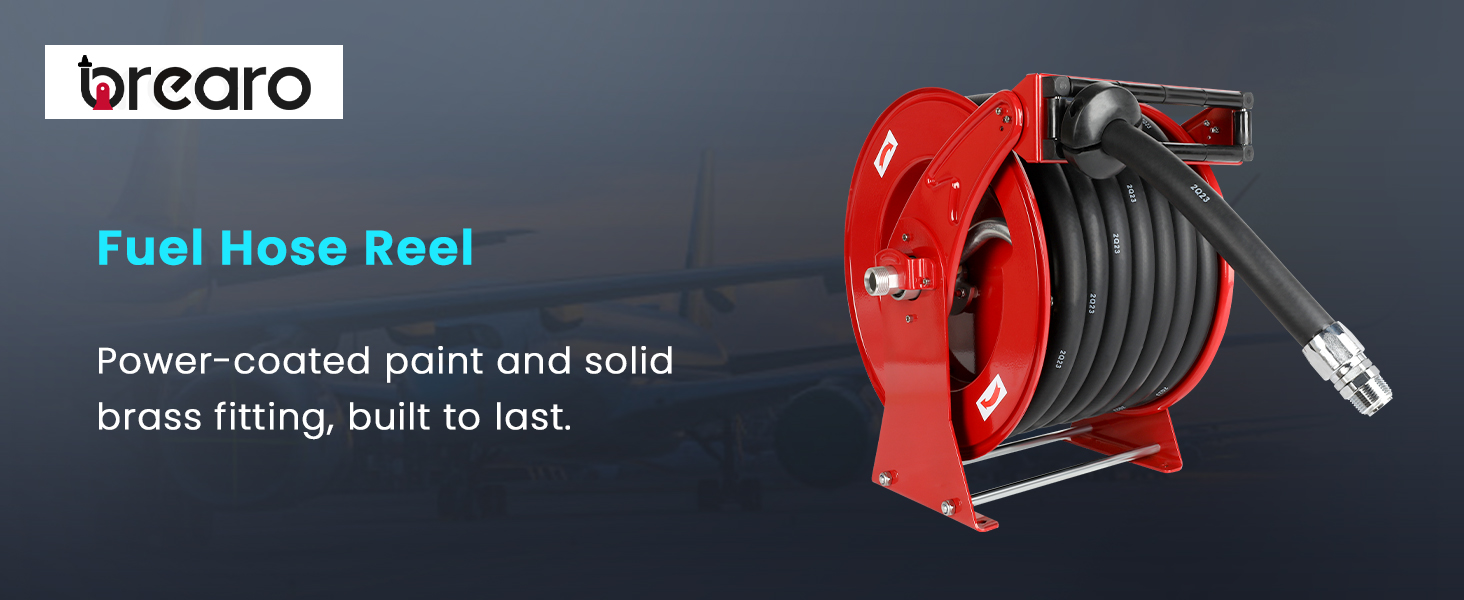 Red fuel hose reel with powder-coated paint and solid brass fittings, built for durability and efficiency, displayed against a professional industrial background