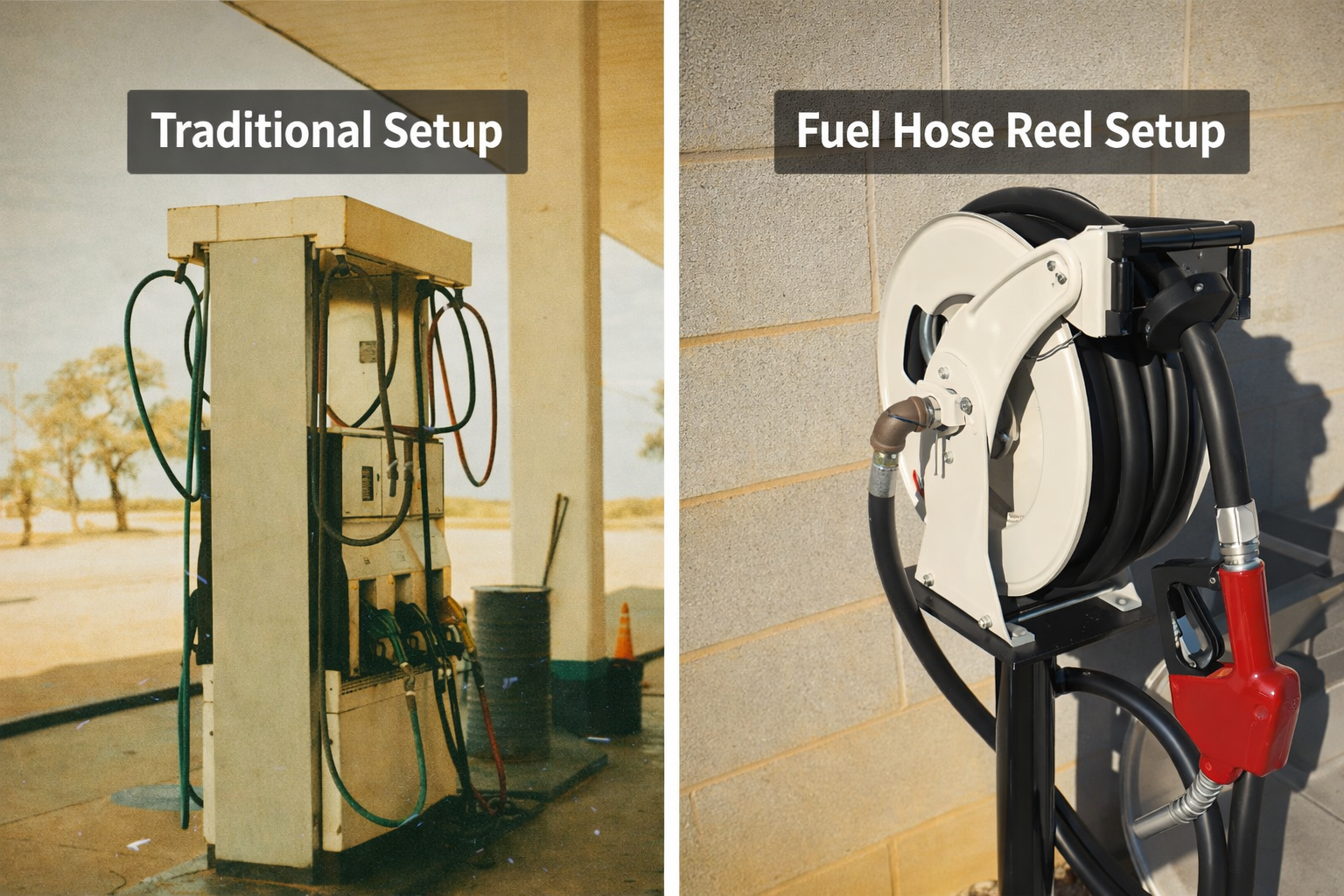 Comparison between traditional fuel hose setup with exposed hoses and modern fuel hose reel setup, highlighting the advantages of organization, safety, and efficiency.