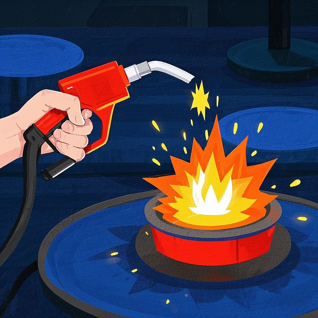 A digital illustration showing a fuel pump nozzle being used near a fuel container, with sparks and a fire erupting, illustrating the danger of static electricity causing fires during refueling.