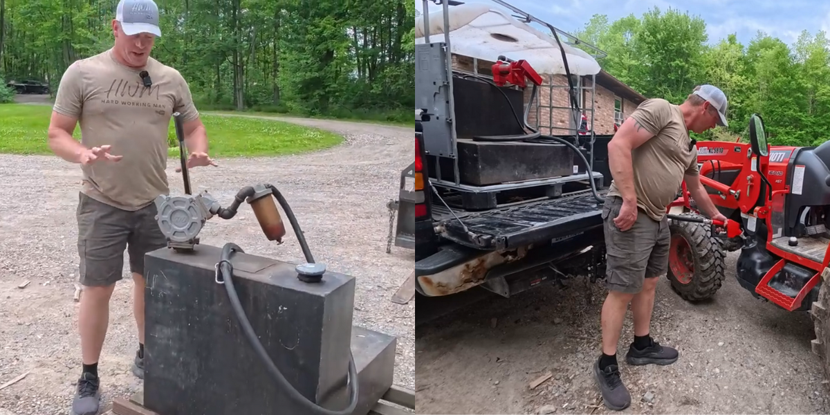 A side-by-side comparison of a man using a manual fuel pump on the left and fueling a red KIOTI RX7320 tractor using the same fuel system on the right. The images show the manual pump connected to a black fuel tank and the tractor being fueled from the truck-mounted tank.