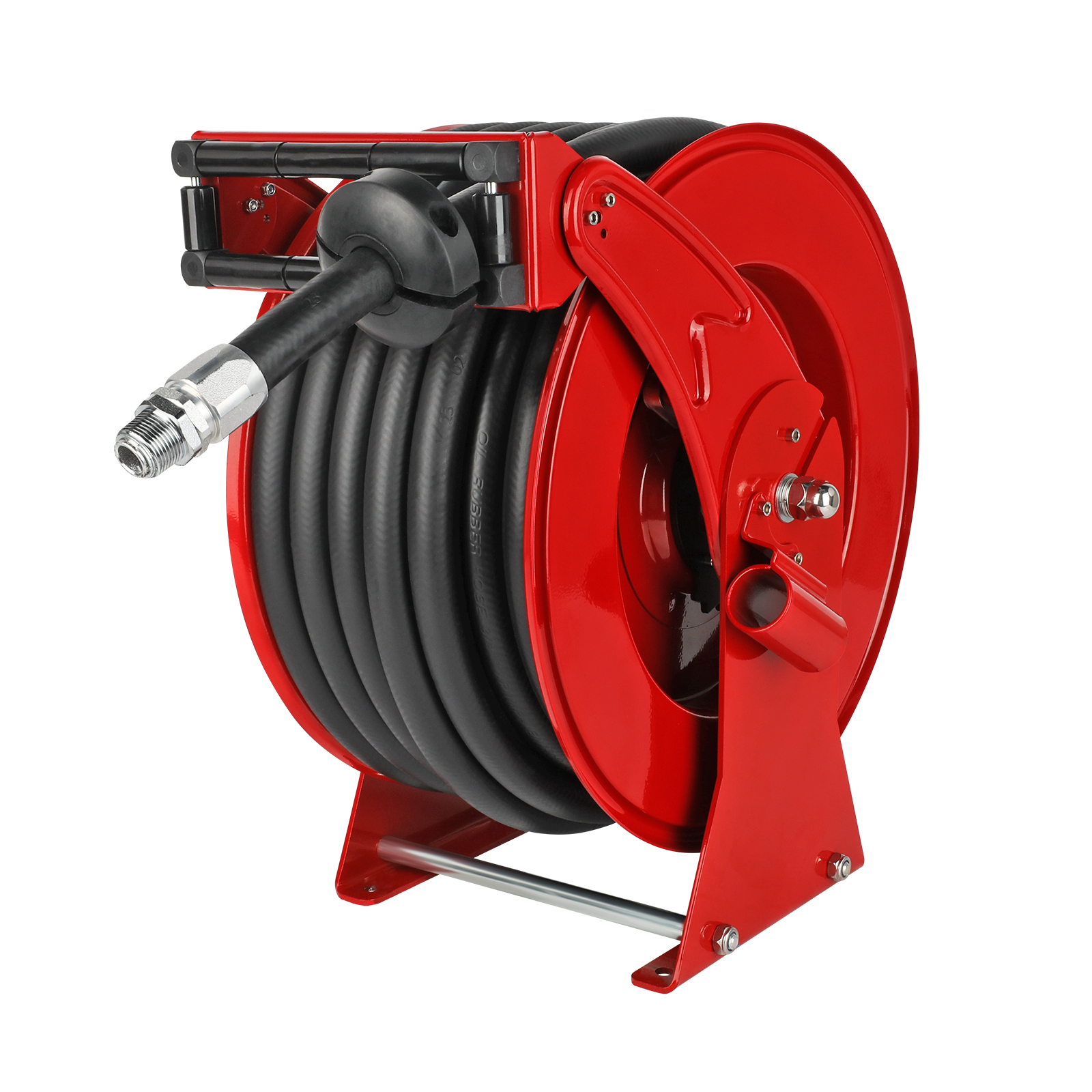 A heavy-duty 3/4 inch retractable diesel fuel hose reel with a 66FT rubber hose, featuring a robust red steel frame, automatic retraction, and durable components for industrial and agricultural use.