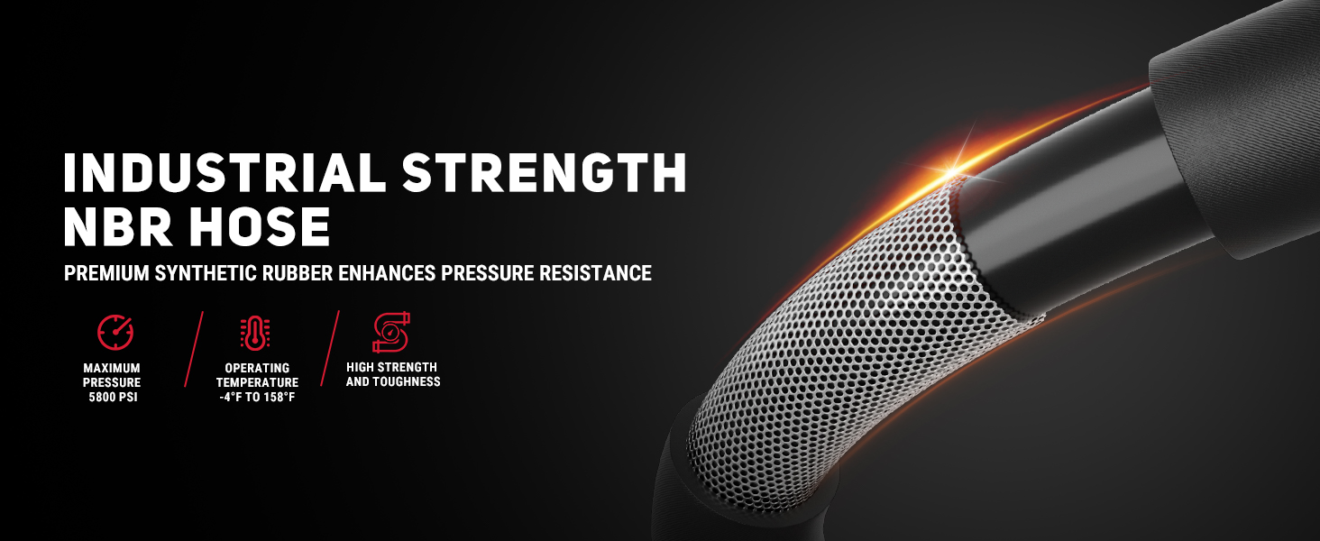 Industrial strength NBR hose made of premium synthetic rubber, offering maximum pressure resistance of 5800 PSI, operating temperature from -4°F to 158°F, and high strength and toughness.
