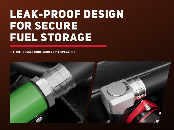 Close-up of BreAro portable fuel tank interior, showcasing leak-proof design with secure connections, built-in fuel hose, 12V pump, and accessories for safe and reliable fuel storage and transfer.