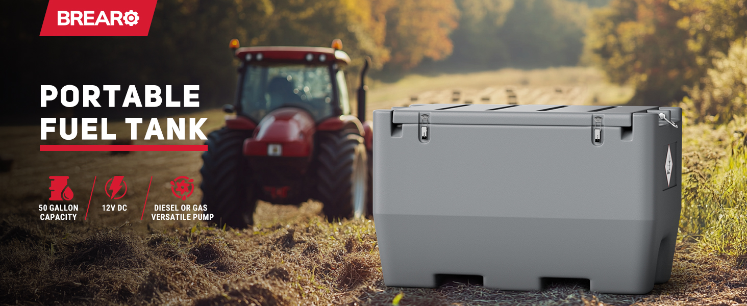 BreAro 50-Gallon Portable Fuel Tank in grey with a 12V DC pump, perfect for refueling tractors, trucks, and lawnmowers, displayed on a field with a red tractor in the background.