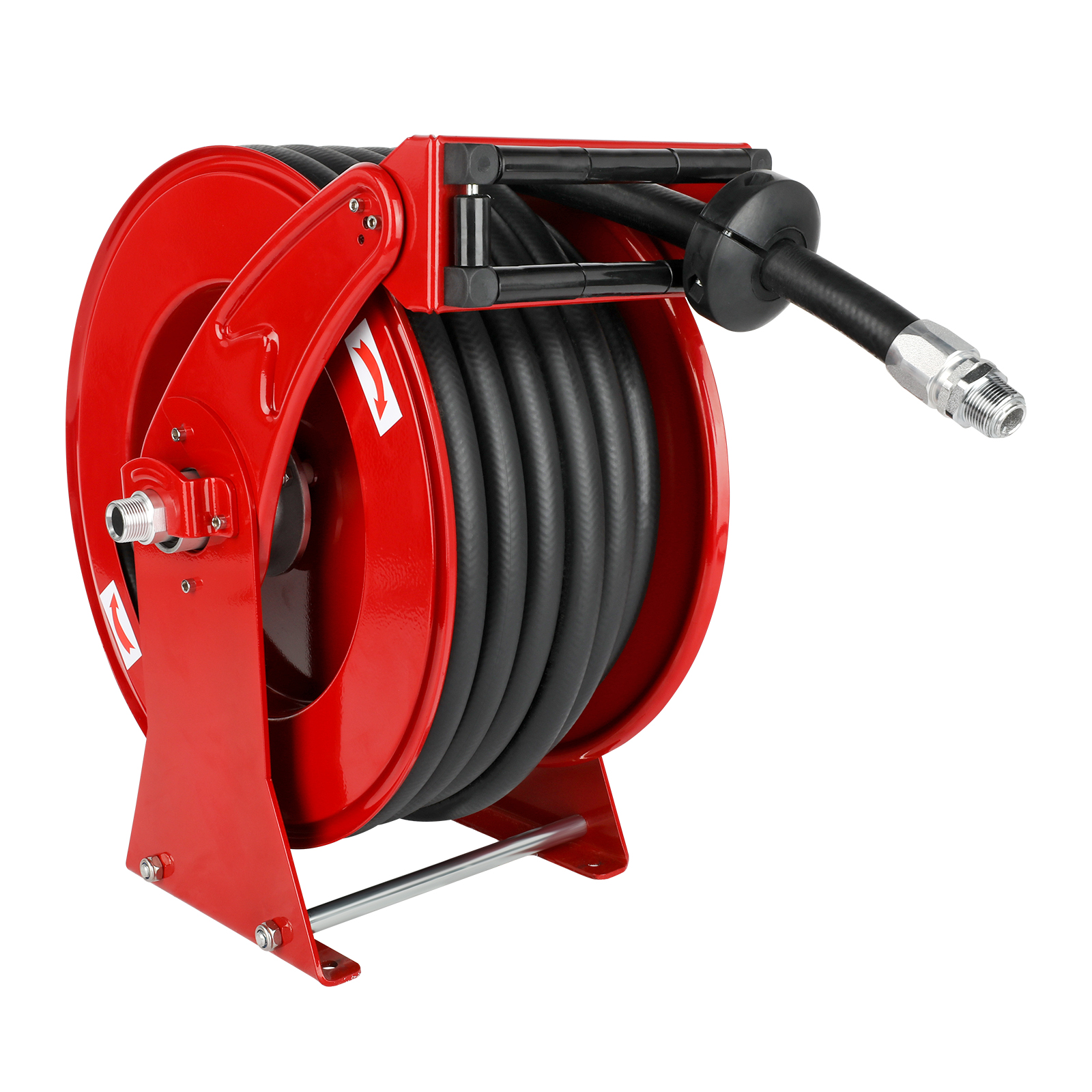 A red 3/4 inch retractable diesel fuel hose reel with a 66FT heavy-duty rubber hose, featuring a durable steel frame, automatic retraction system, and corrosion-resistant design for industrial use.