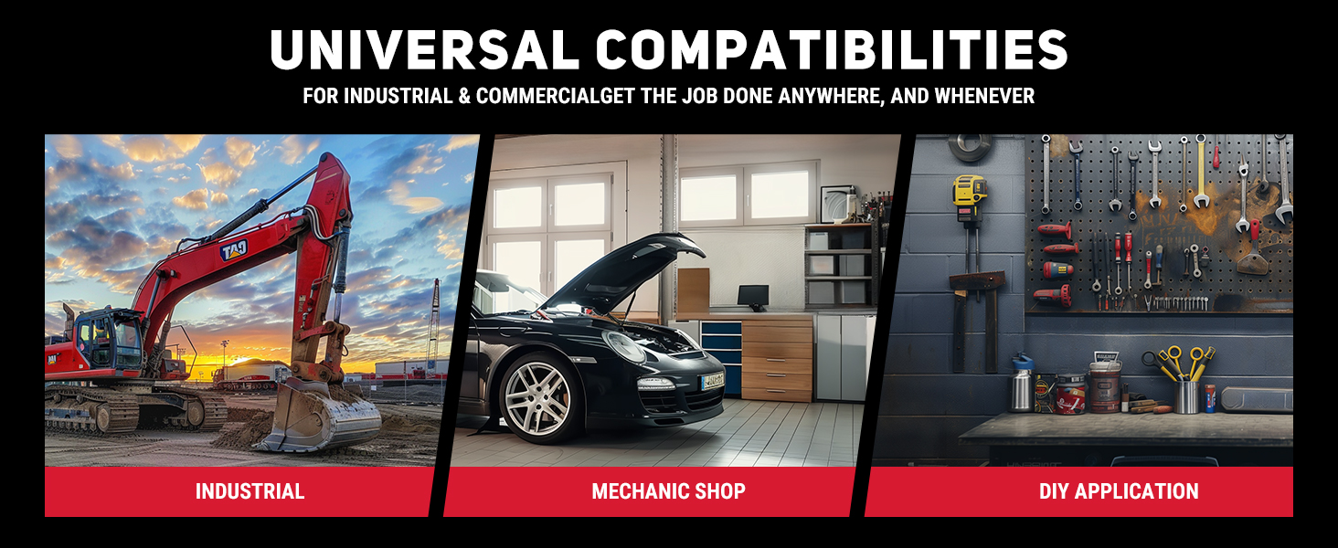 Universal compatibility for industrial, mechanic shops, and DIY applications. Suitable for heavy-duty machinery, vehicle maintenance, and home workshop setups.