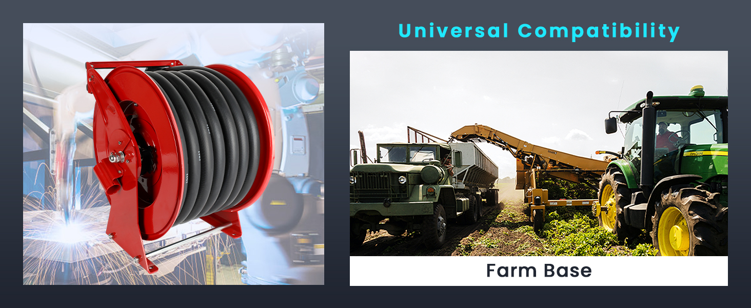 Universal compatibility fuel hose reel for farm base operations. Durable and efficient for refueling agricultural vehicles and machinery, ensuring smooth operation in farming applications.