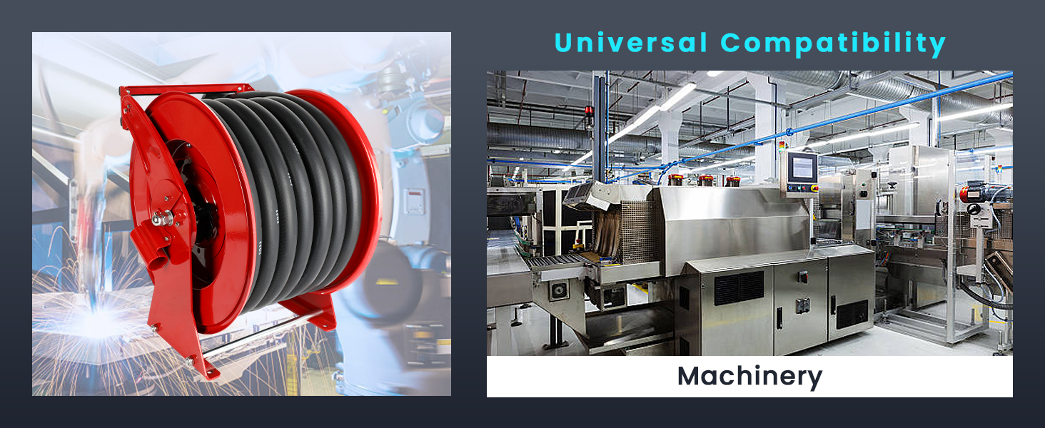 Universal compatibility fuel hose reel for machinery applications. Ideal for industrial machines, ensuring efficient fuel transfer with durable construction and high-performance hose design.