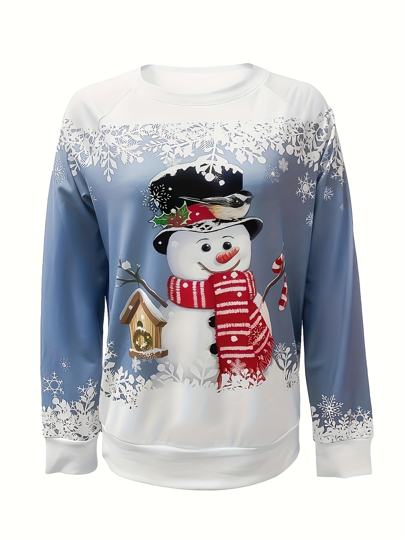 christmas snowman print sweatshirt casual long sleeve crew neck sweatshirt womens clothing details 33