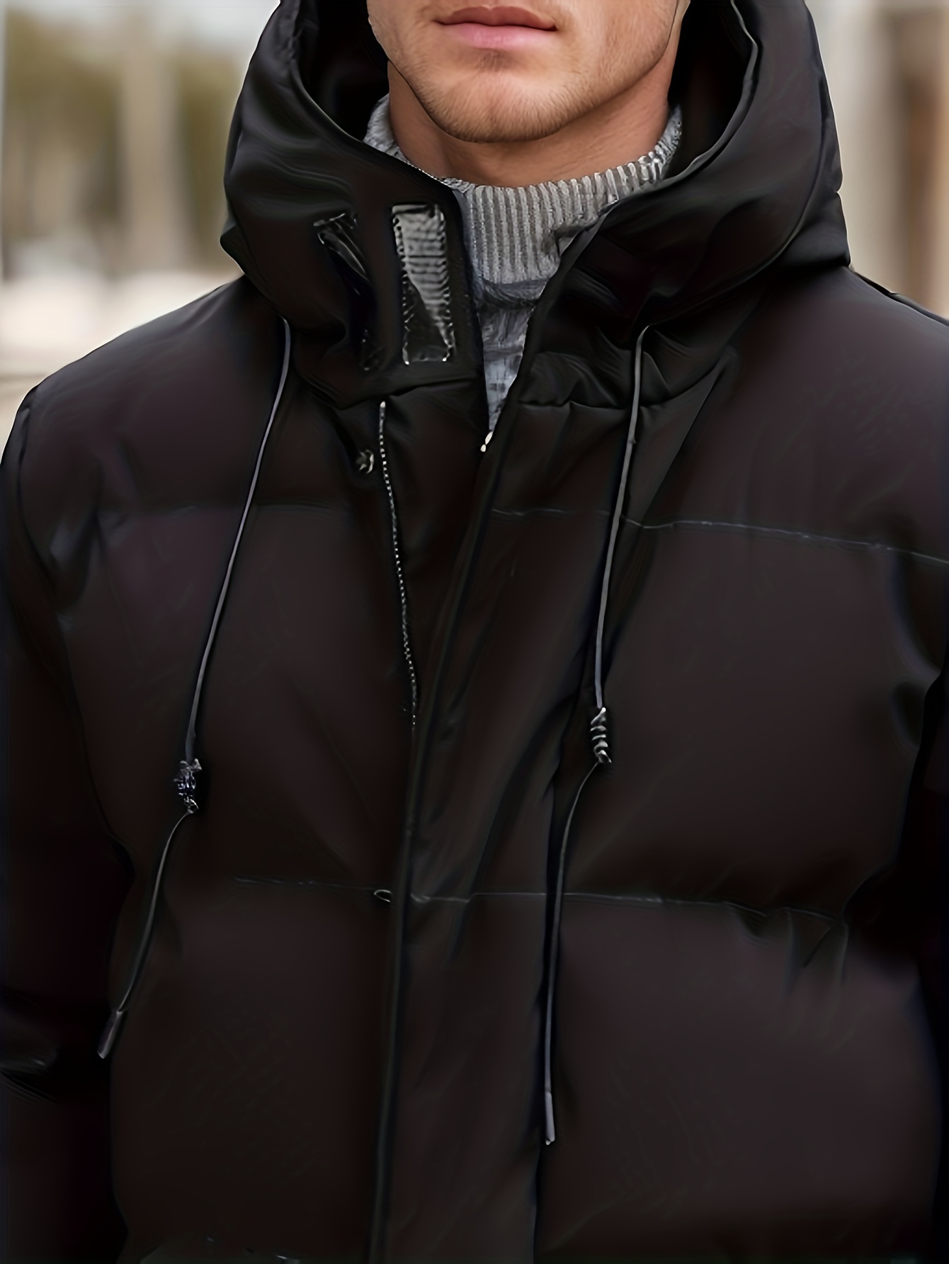 classic design warm hooded jacket mens casual solid color zip up cotton padded overcoat for fall winter outdoor details 6