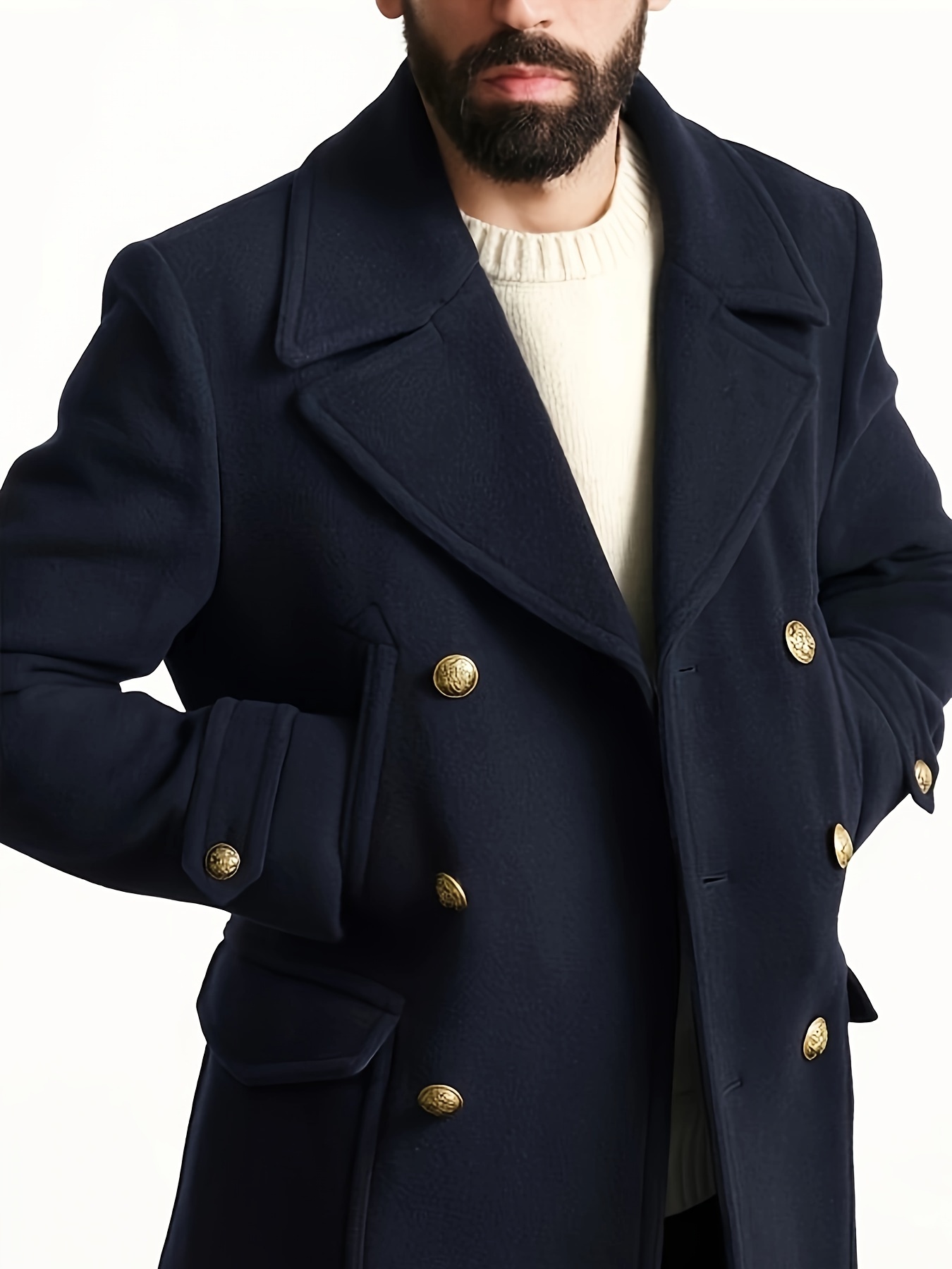 Men s Trendy Retro Solid Long Sleeve Double Breasted Coat Windbreaker Lapel Long Overcoat For Autumn Winter details 2