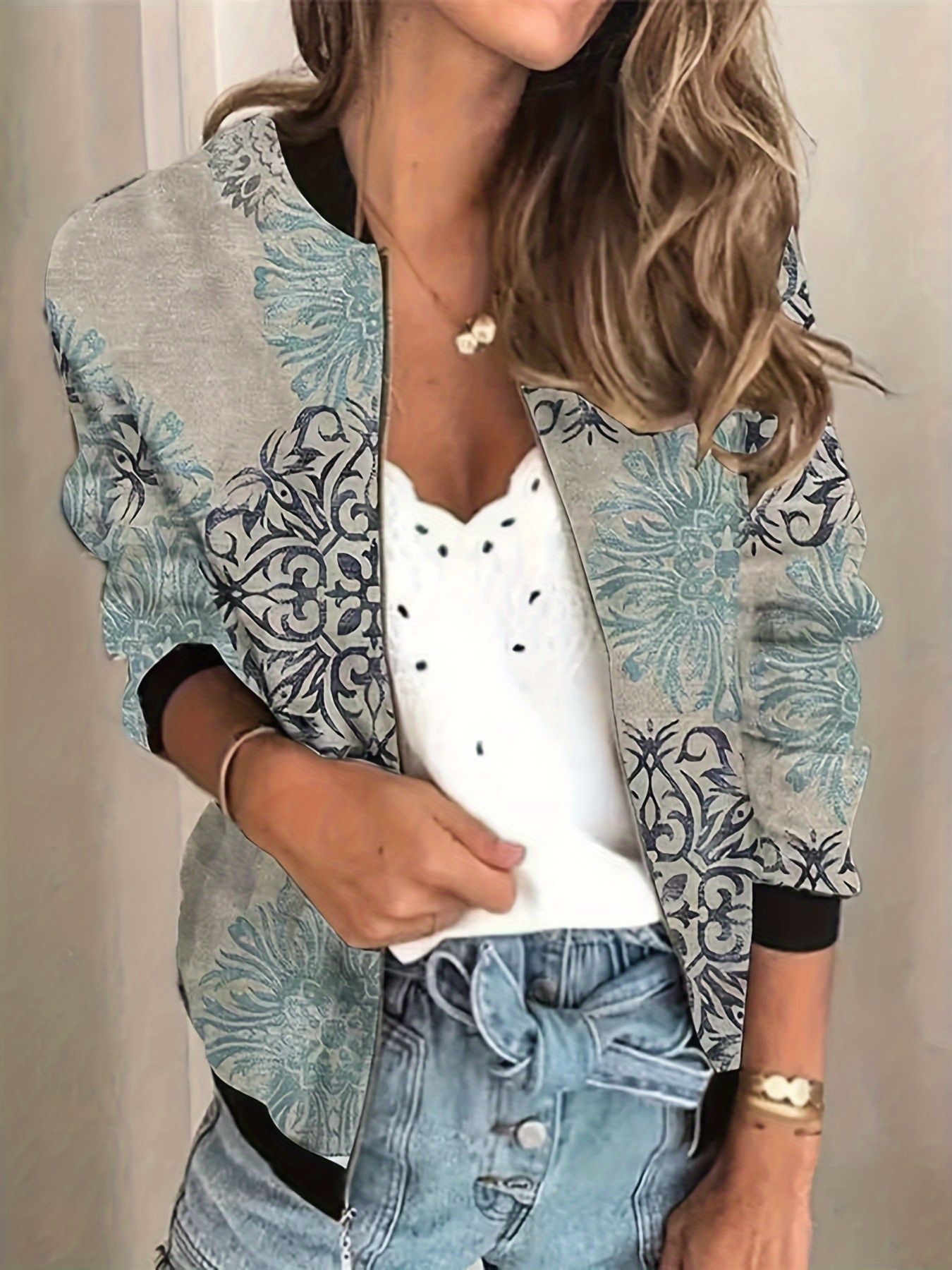 cute cat print bomber jacket casual long sleeve zipper outwear for fall winter womens clothing details 0