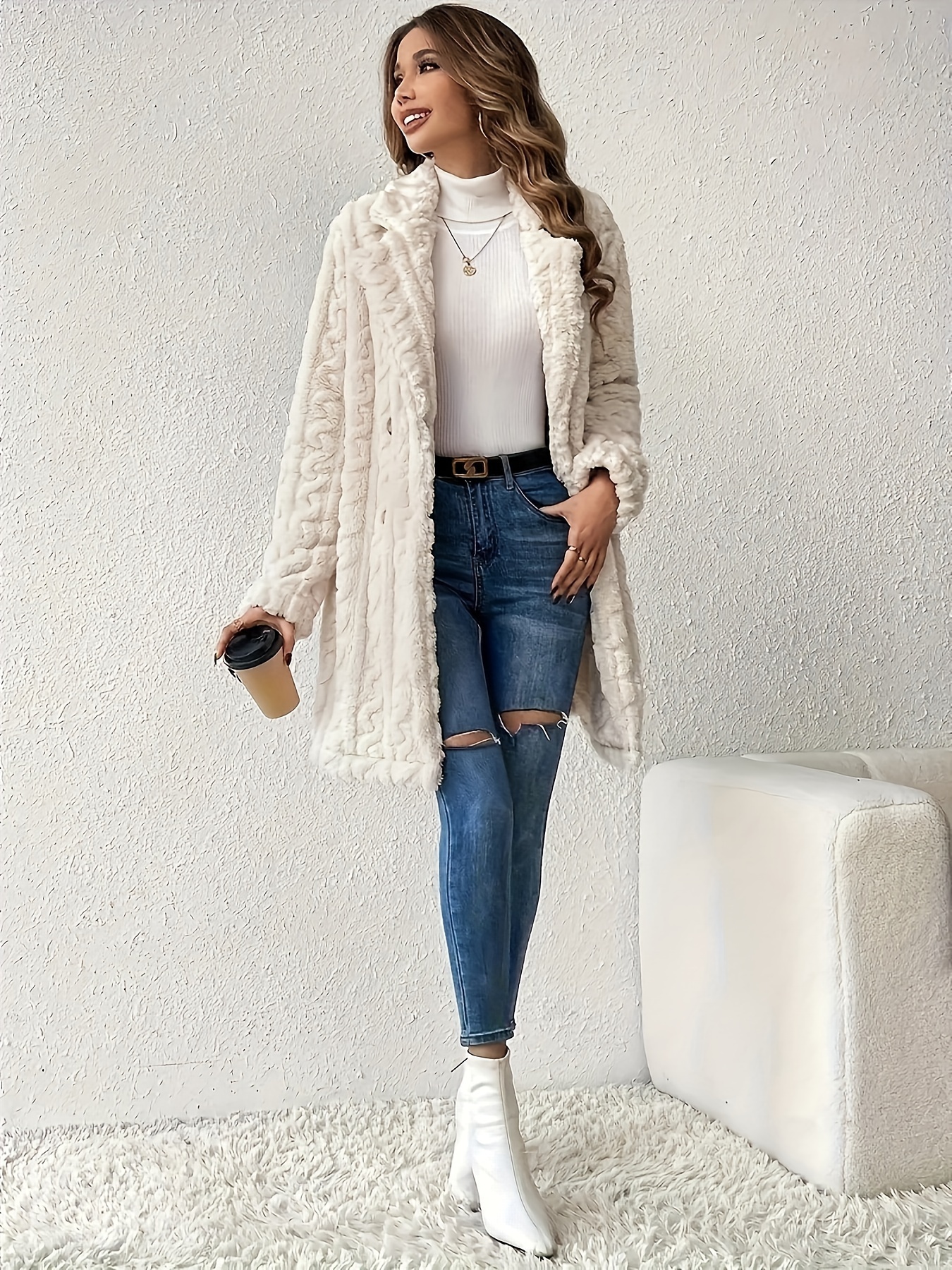 double breasted lapel teddy coat versatile long sleeve textured thermal winter outwear womens clothing details 24