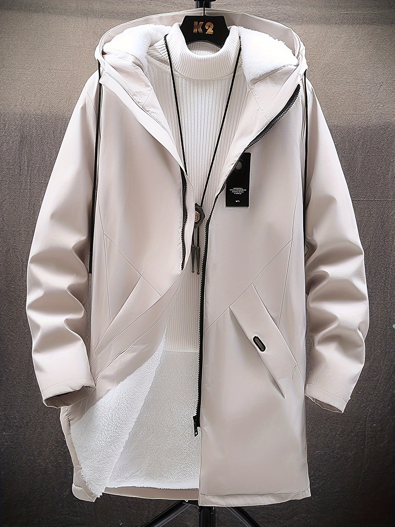 mens warm fleece long windbreaker jacket casual hooded overcoat details 15